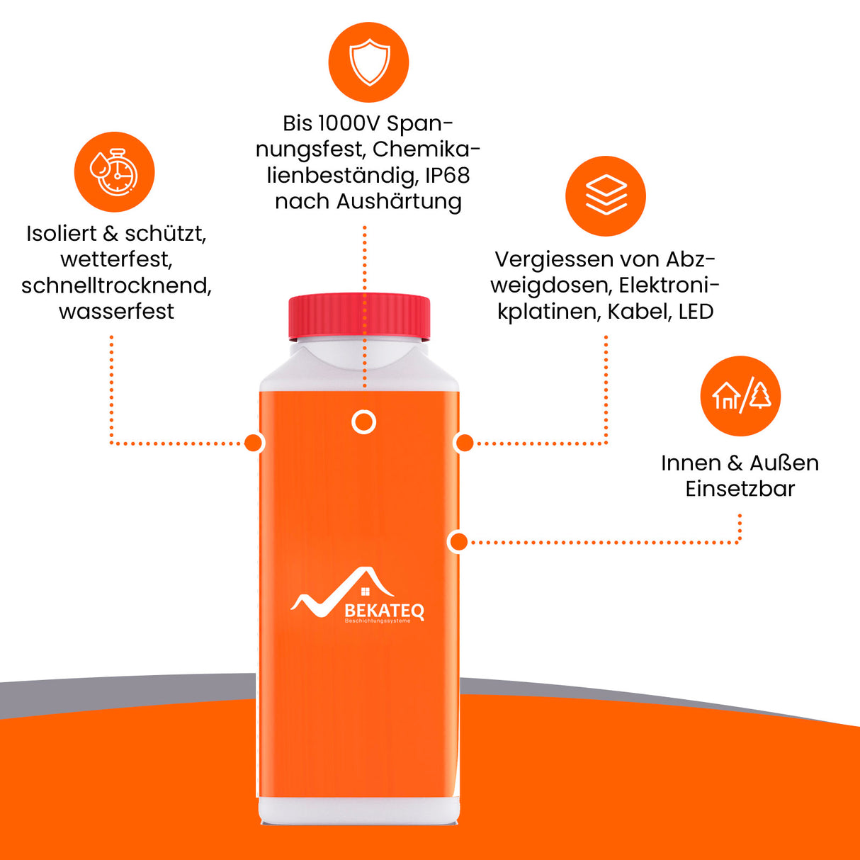 Orangene Flasche mit BEKATEQ-Logo und technischen Spezifikationen.