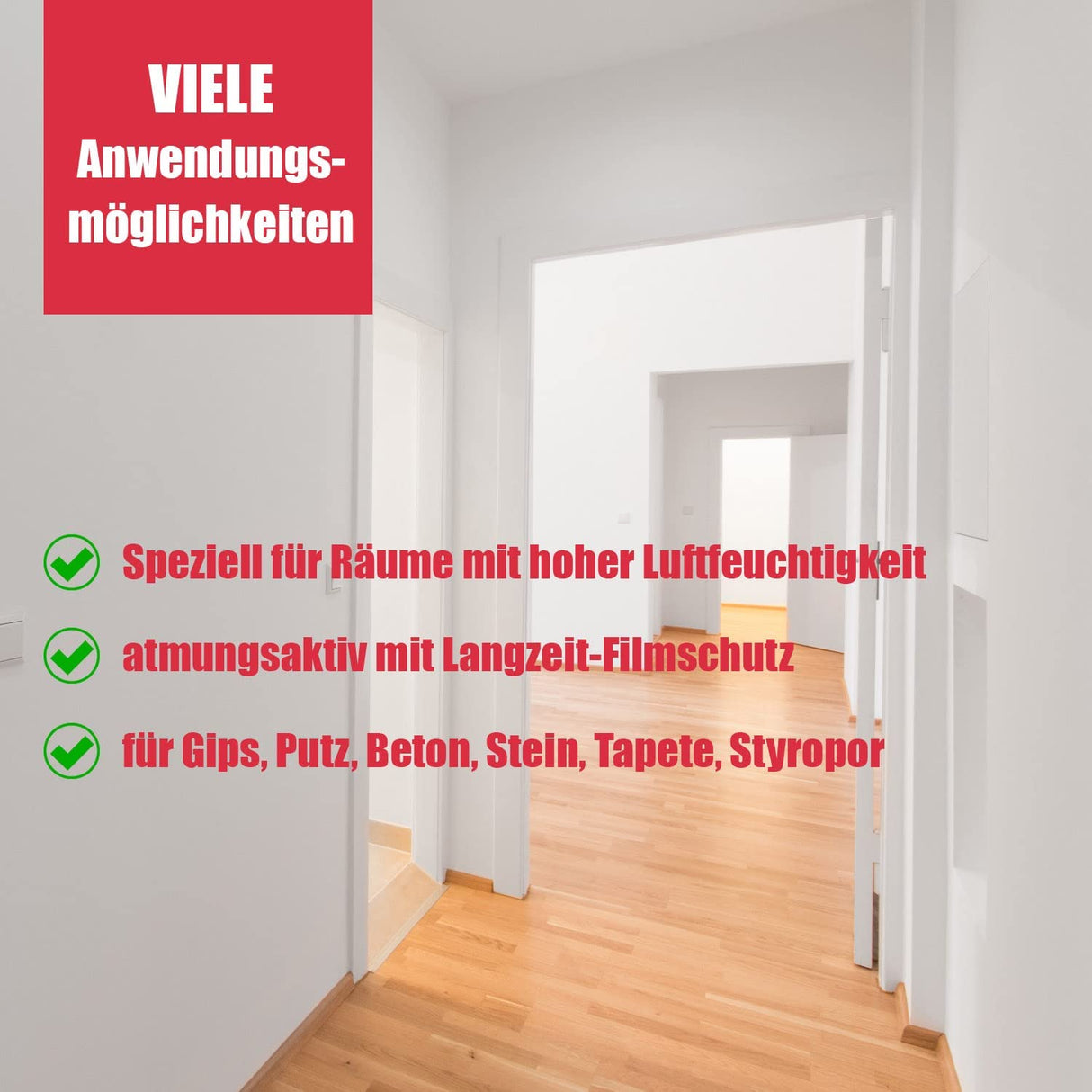 Flur mit Anwendungsmöglichkeiten-Text.