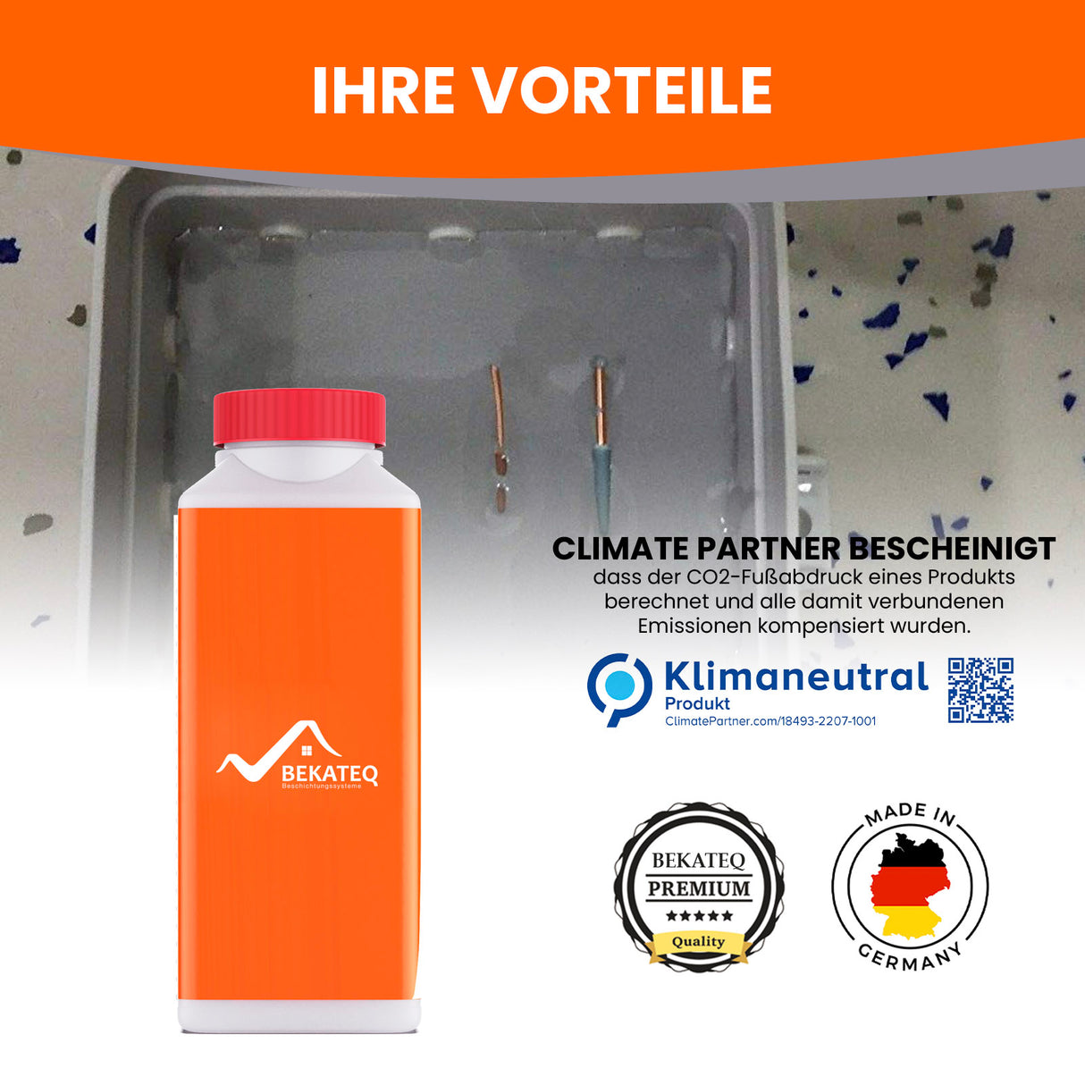 Orangene Flasche, BEKATEQ-Logo, Zertifikate.