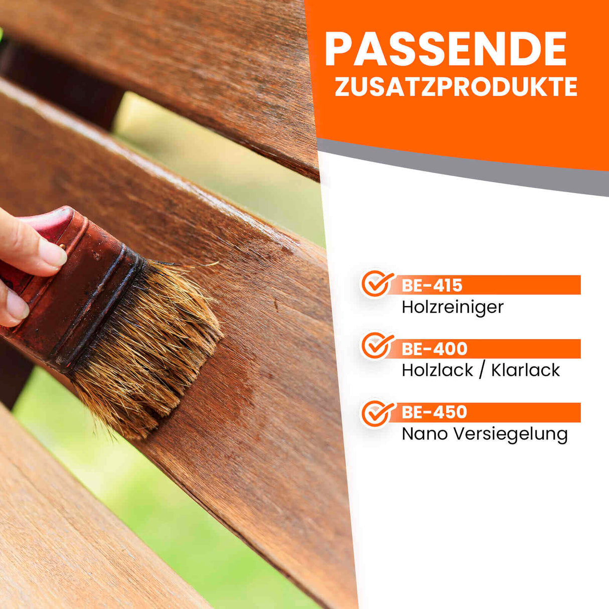 Pinsel auf Holz mit Produktliste.