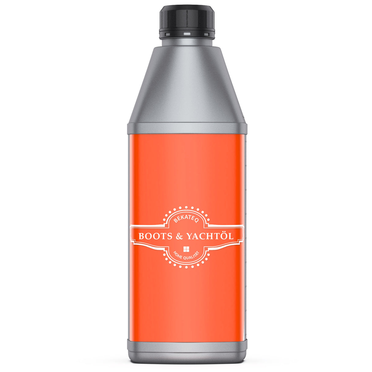 Flasche mit Bekateq Boots- und Yachtöl, orange Etikett.