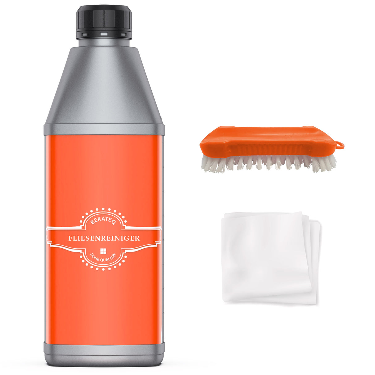 Fliesenreiniger, Bürste, Tuch, Flasche.