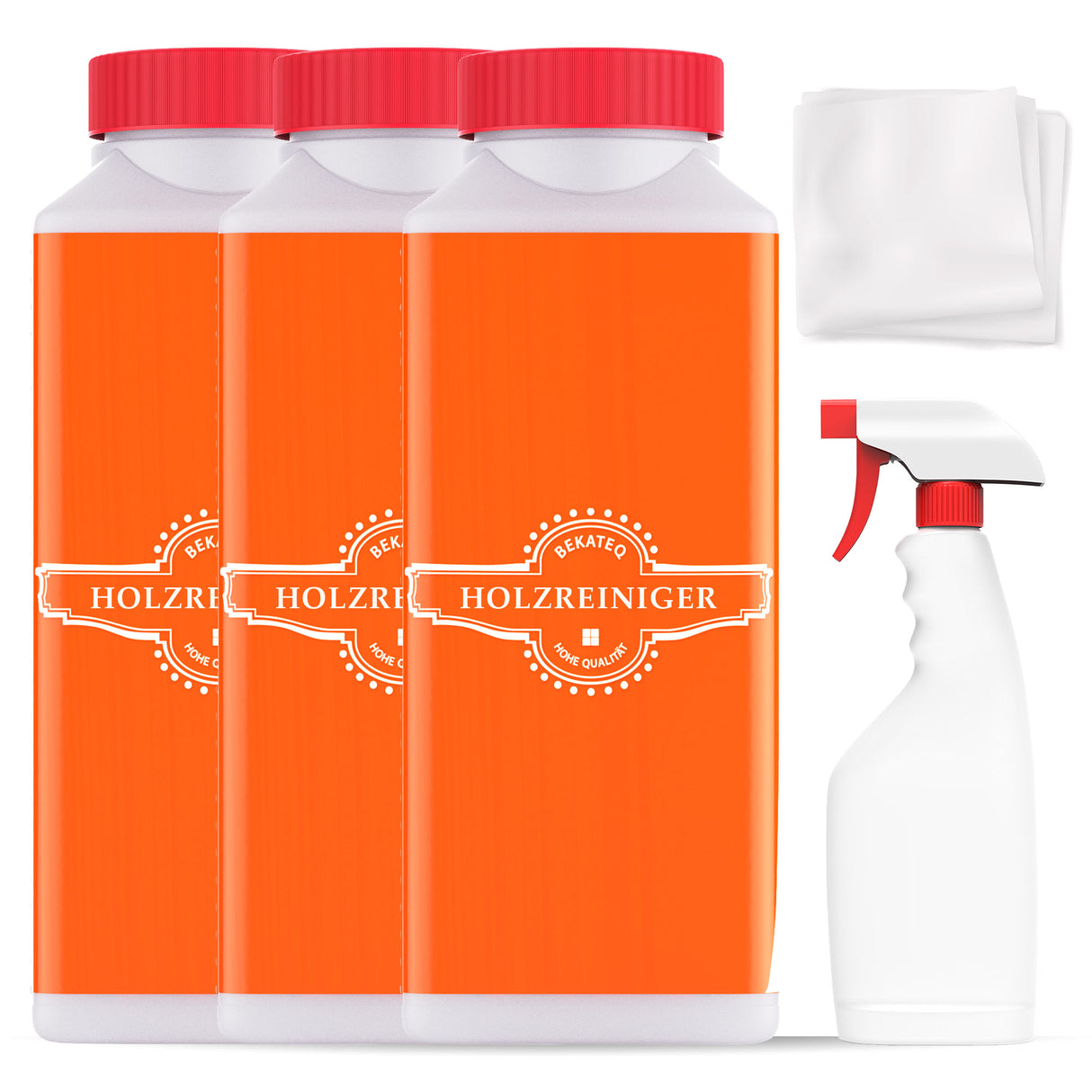 Drei Holzreinigerflaschen und Sprühflasche.