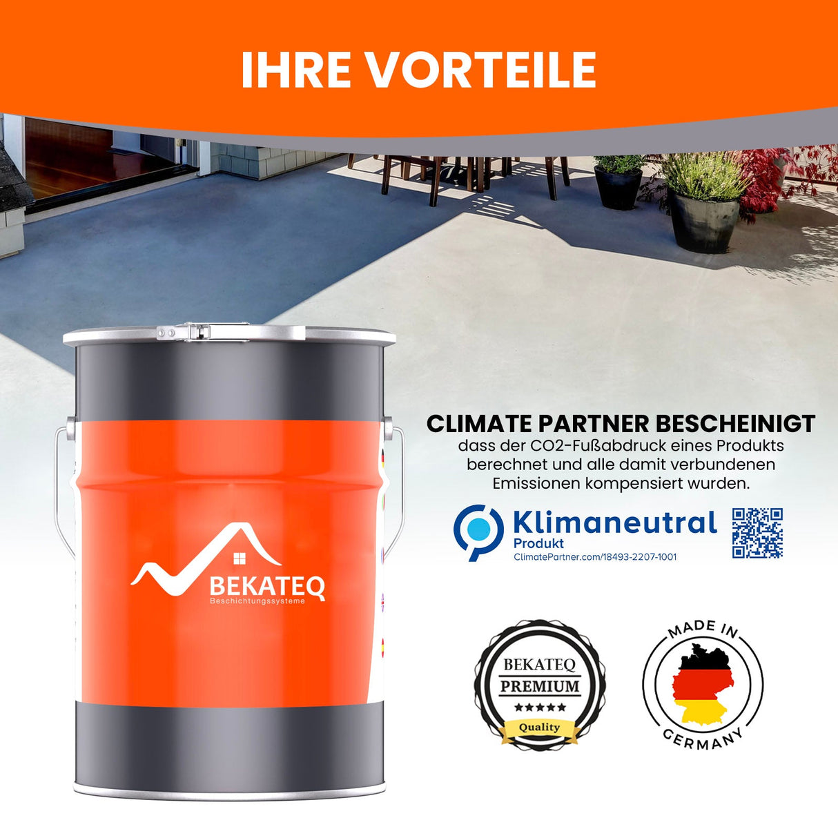 Farbbehälter, Logos, Text, Haus, Terrasse.