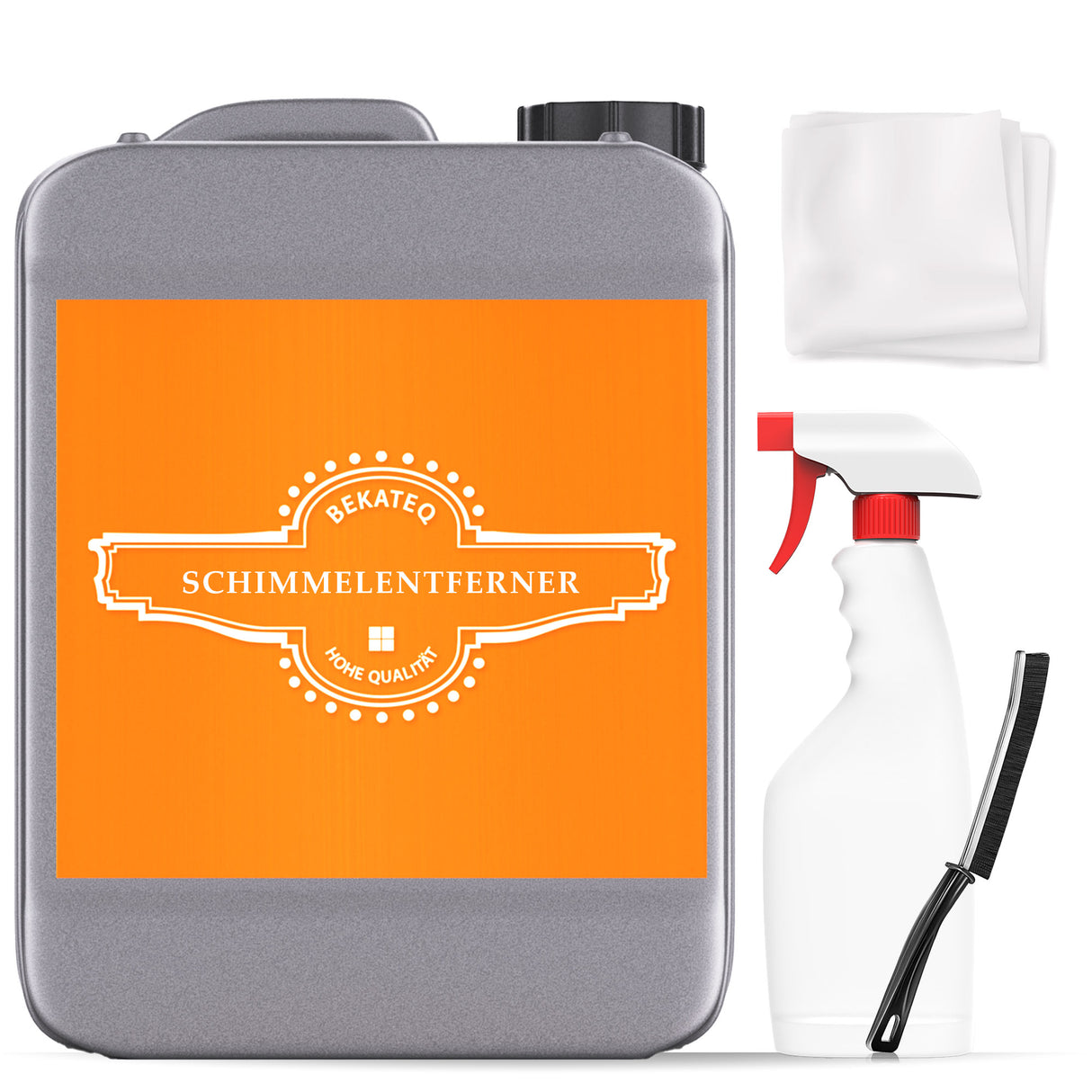 Kanister, Sprühflasche, Tücher, Schimmelentferner.