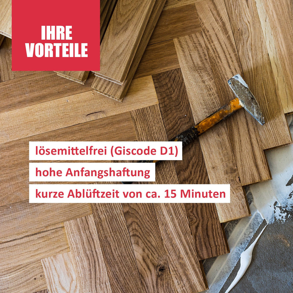 Parkettboden, Hammer, Text über Vorteile.