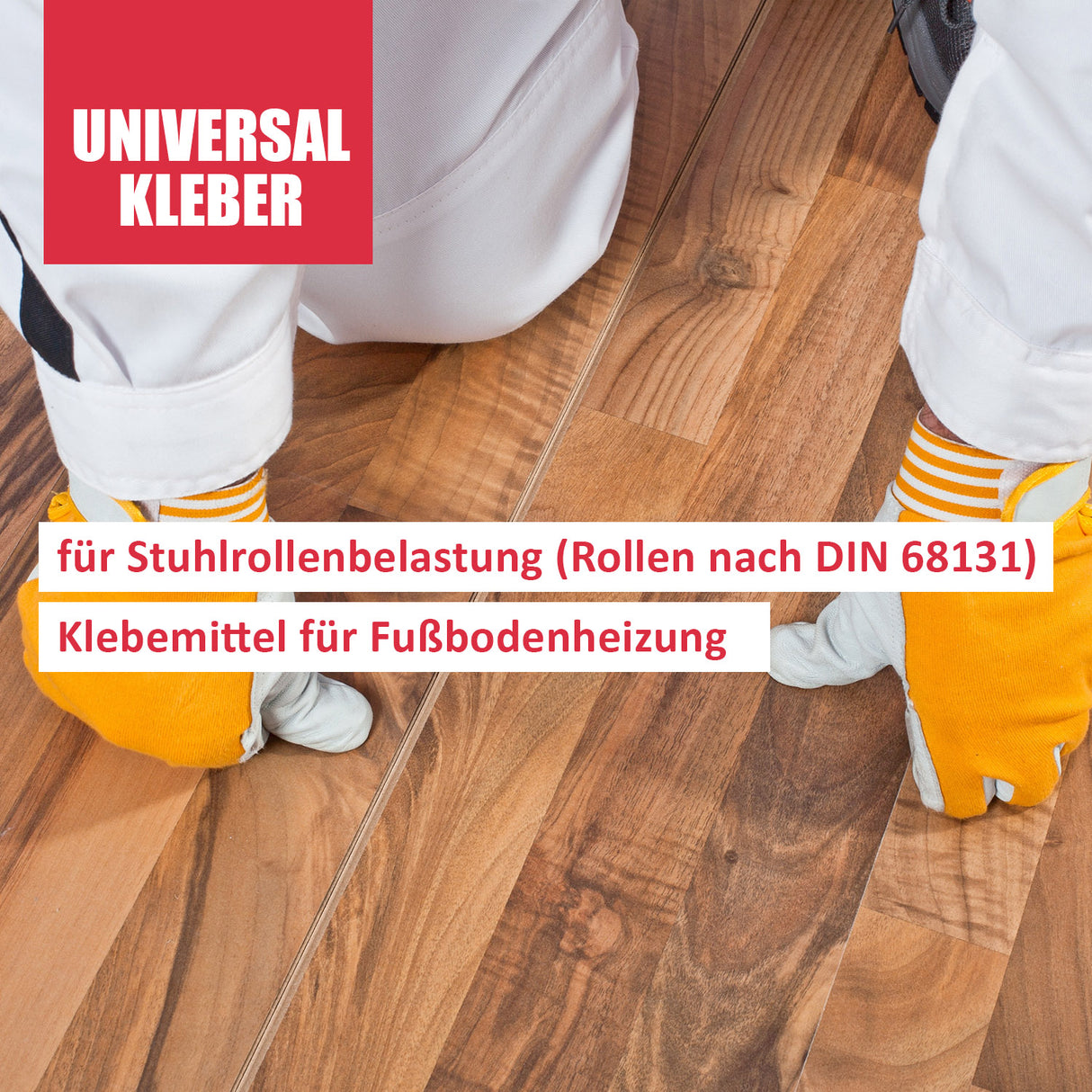 Person verlegt Laminatboden mit Kleber.