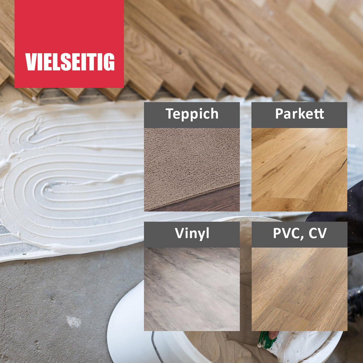 Verschiedene Bodenbeläge und Kleber.