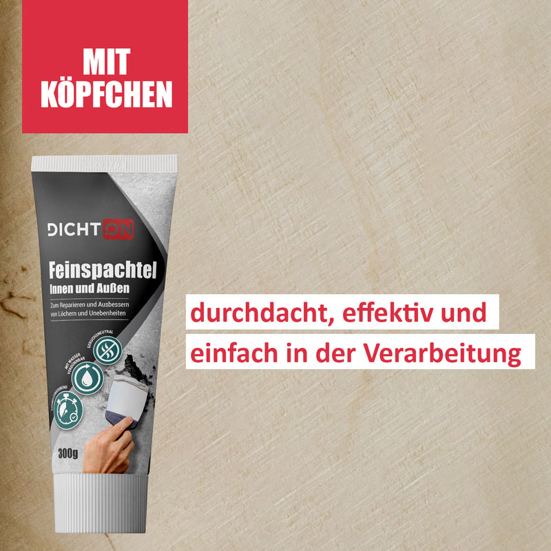 Feinspachtel-Tube mit Werbetext.