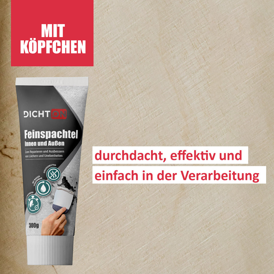 Feinspachtel-Tube mit Werbetext.