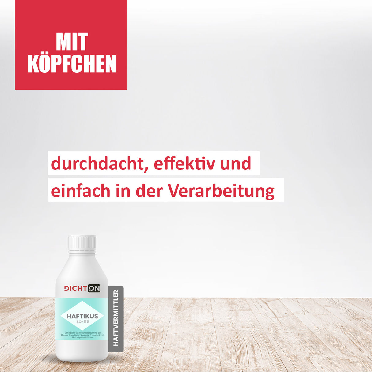 Flasche mit Text und Slogan.