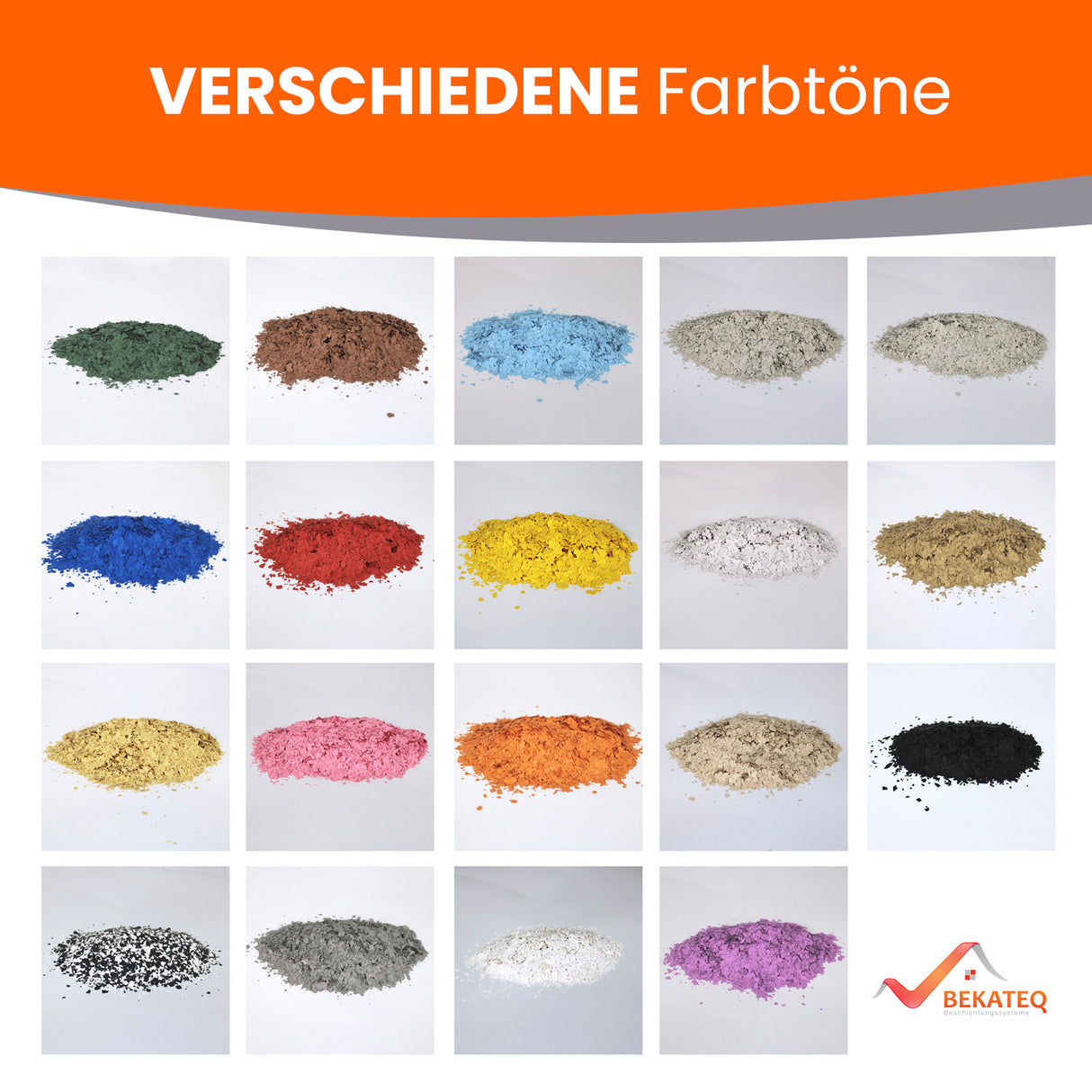 Verschiedene Farbpulver in Reihen.