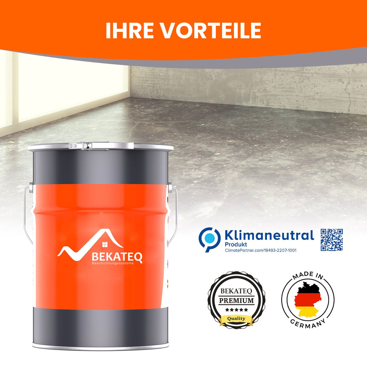 Farbkanister, BEKATEQ-Logo, Vorteile, Siegel.