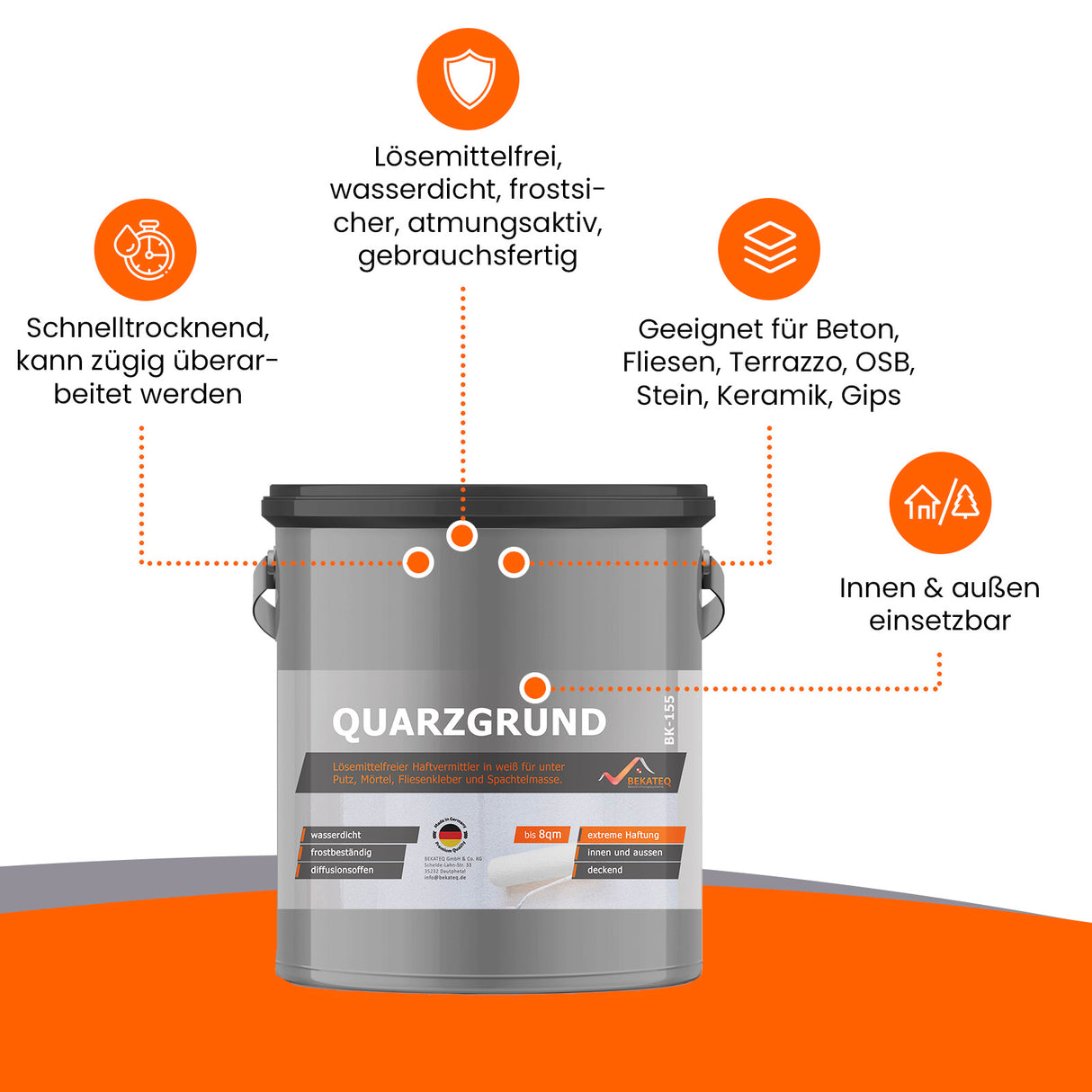 Eimer Quarzgrund mit Eigenschaften und Anwendungsbereichen, Markenname sichtbar.