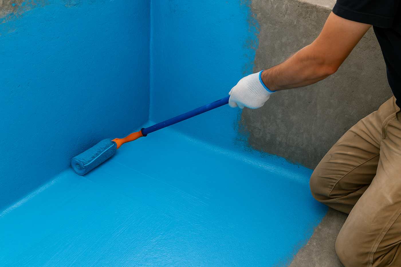 blaue flüssigkunststoff abdichtung im poolbecken mit einer farbrolle auf wand und boden aufrollen