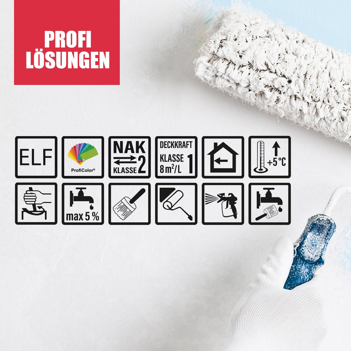 Farbrolle, Symbole, Profi Lösungen, Handschuh.