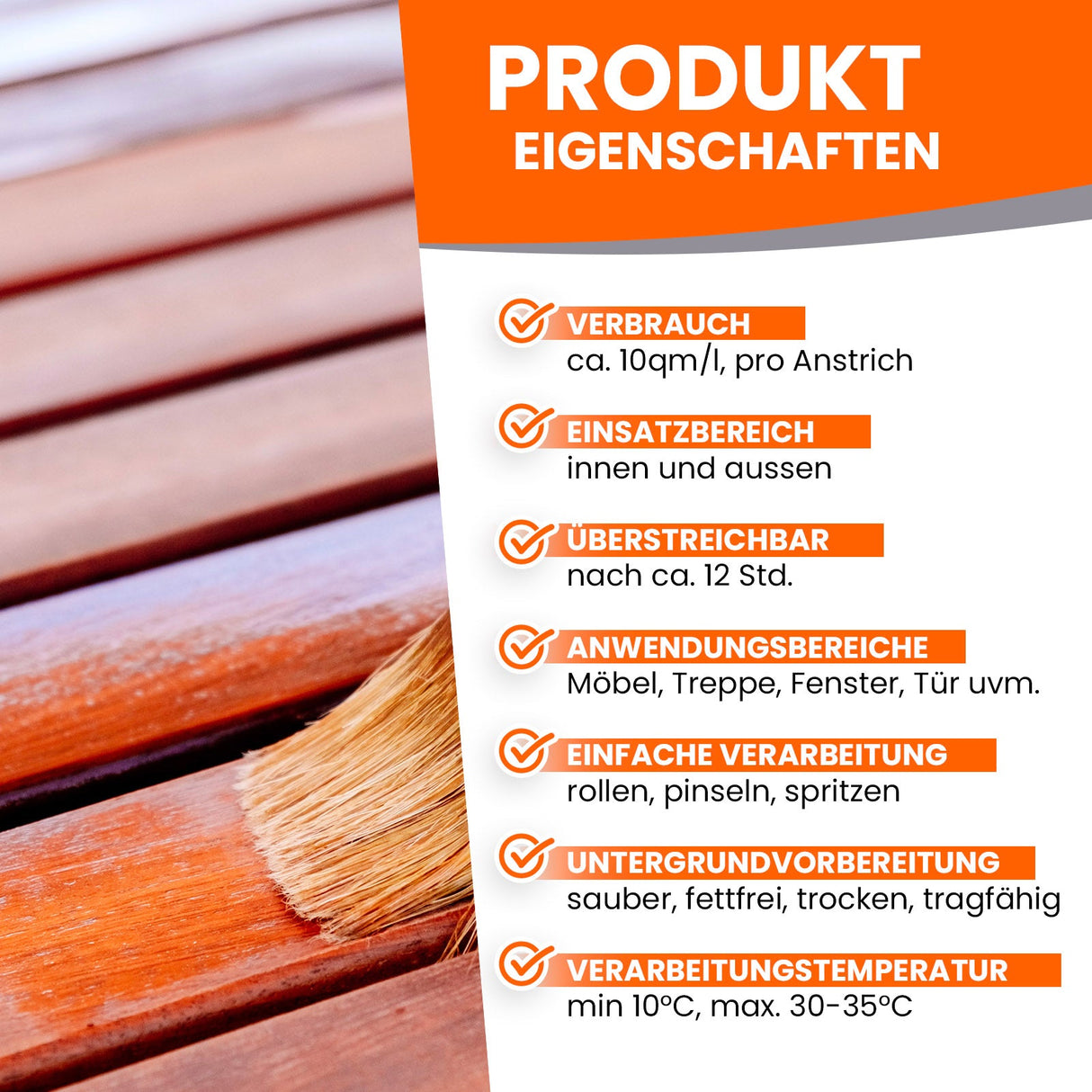 Pinsel streicht Holz mit Lack.