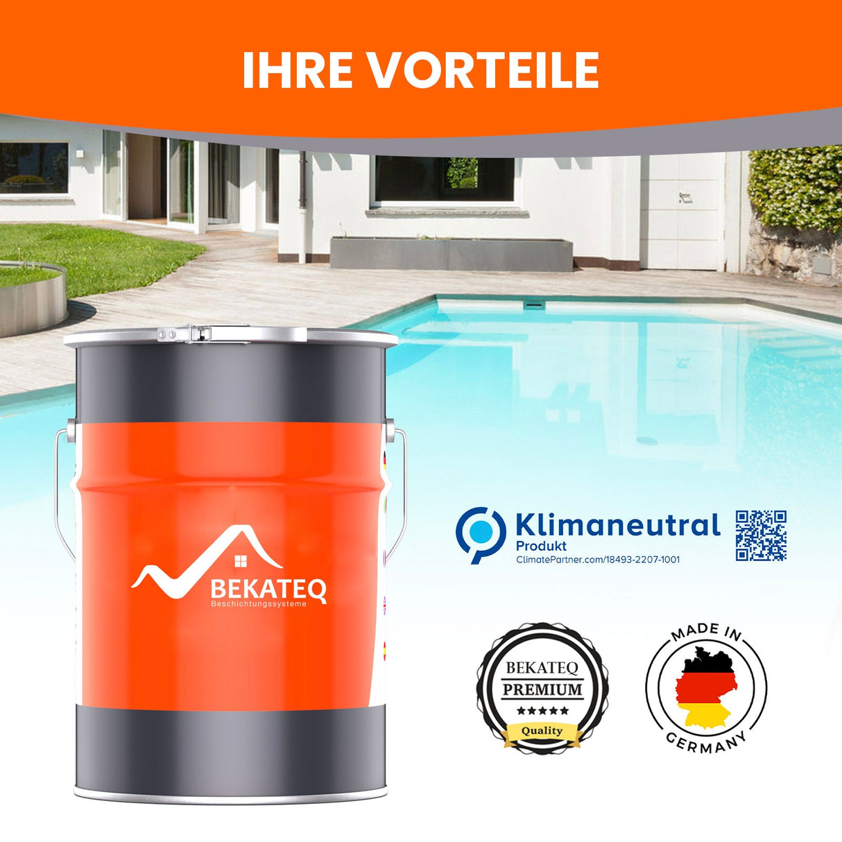 Farbeimer vor Pool und Haus.