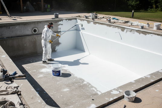 poolbecken aus beton wird mit weißer poolfarbe gestrichen