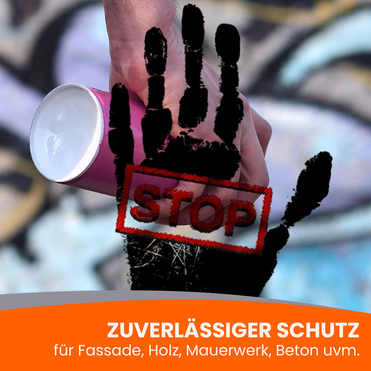 Hand, Spraydose, "STOP", Graffiti-Hintergrund.