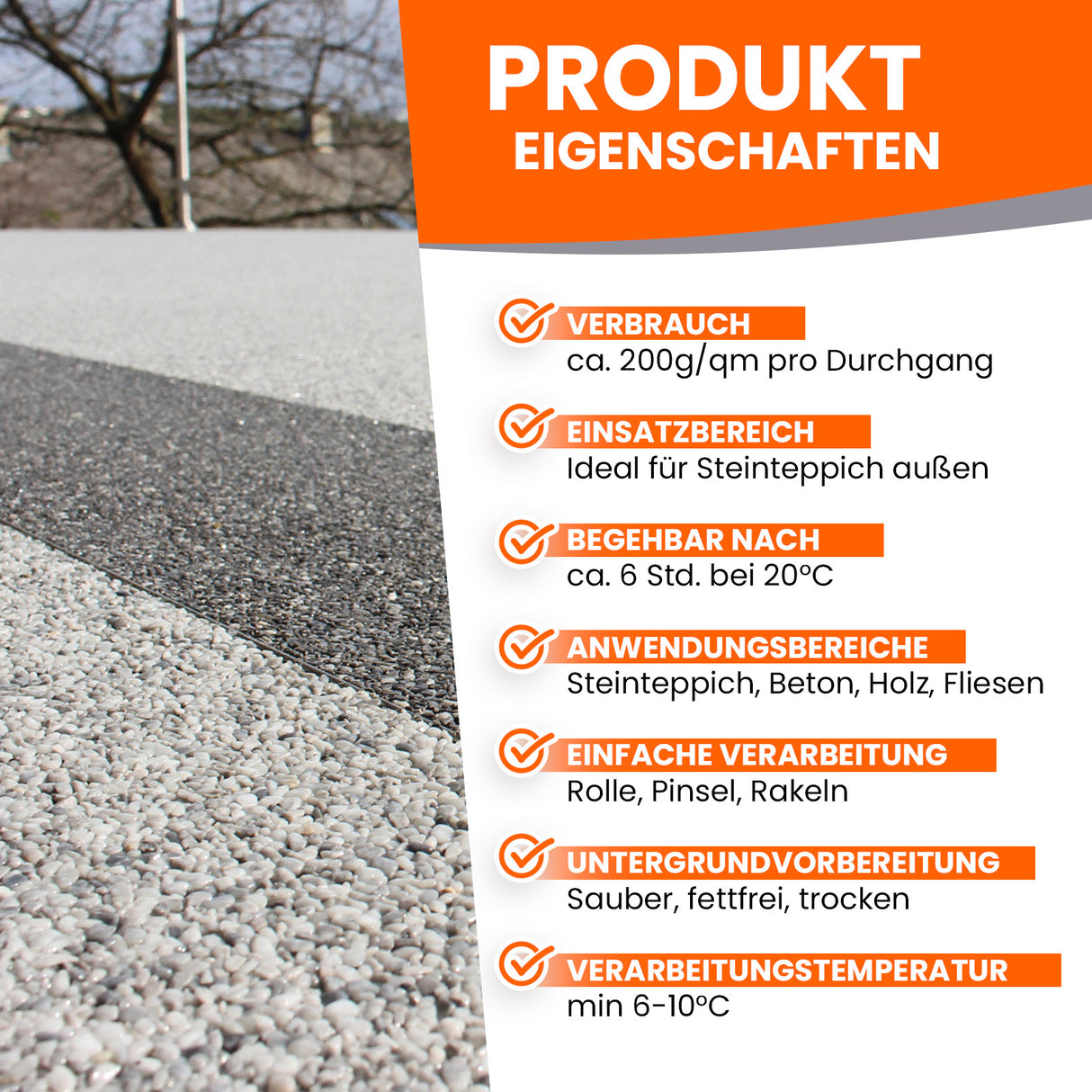 Steinteppich mit Produkteigenschaften-Text.