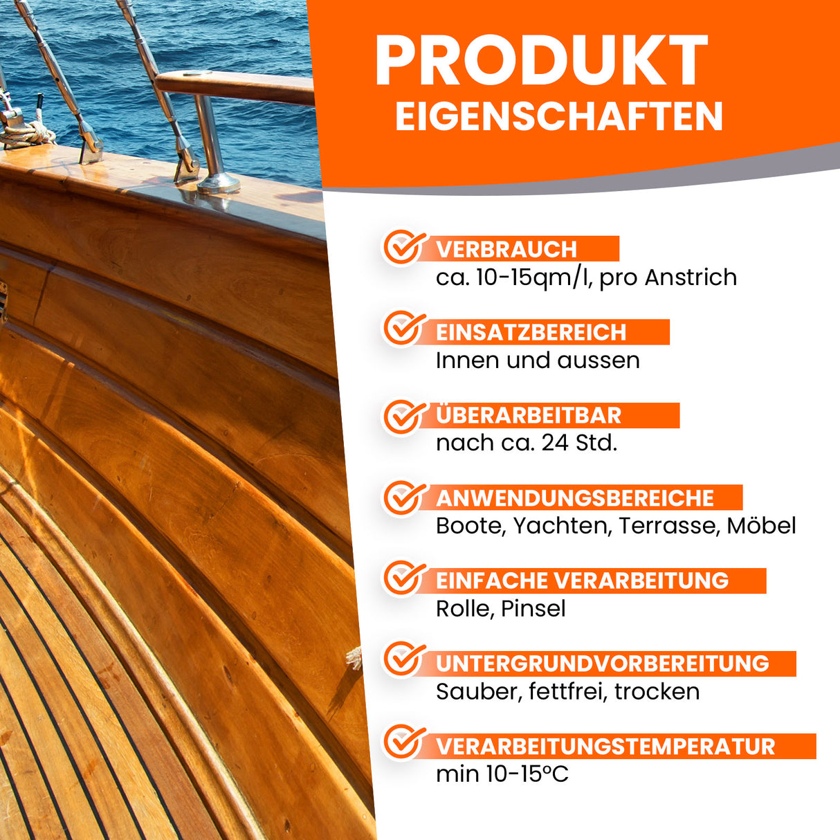 Produktmerkmale für Malerbedarf auf Holzoberflächen, Text und Grafiken.