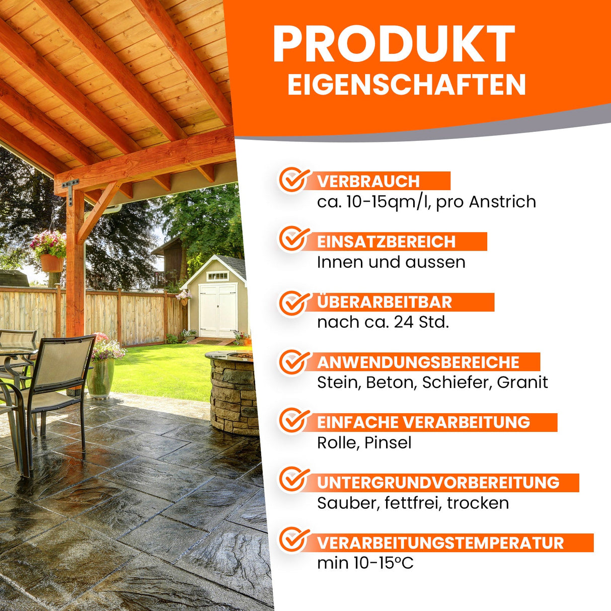 Terrasse mit Produkteigenschaften-Text.