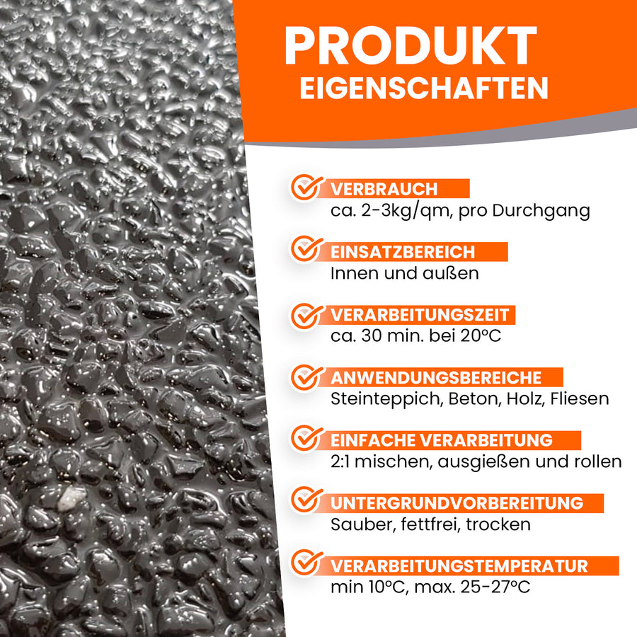 Text über Produkteigenschaften und Steinoberfläche.