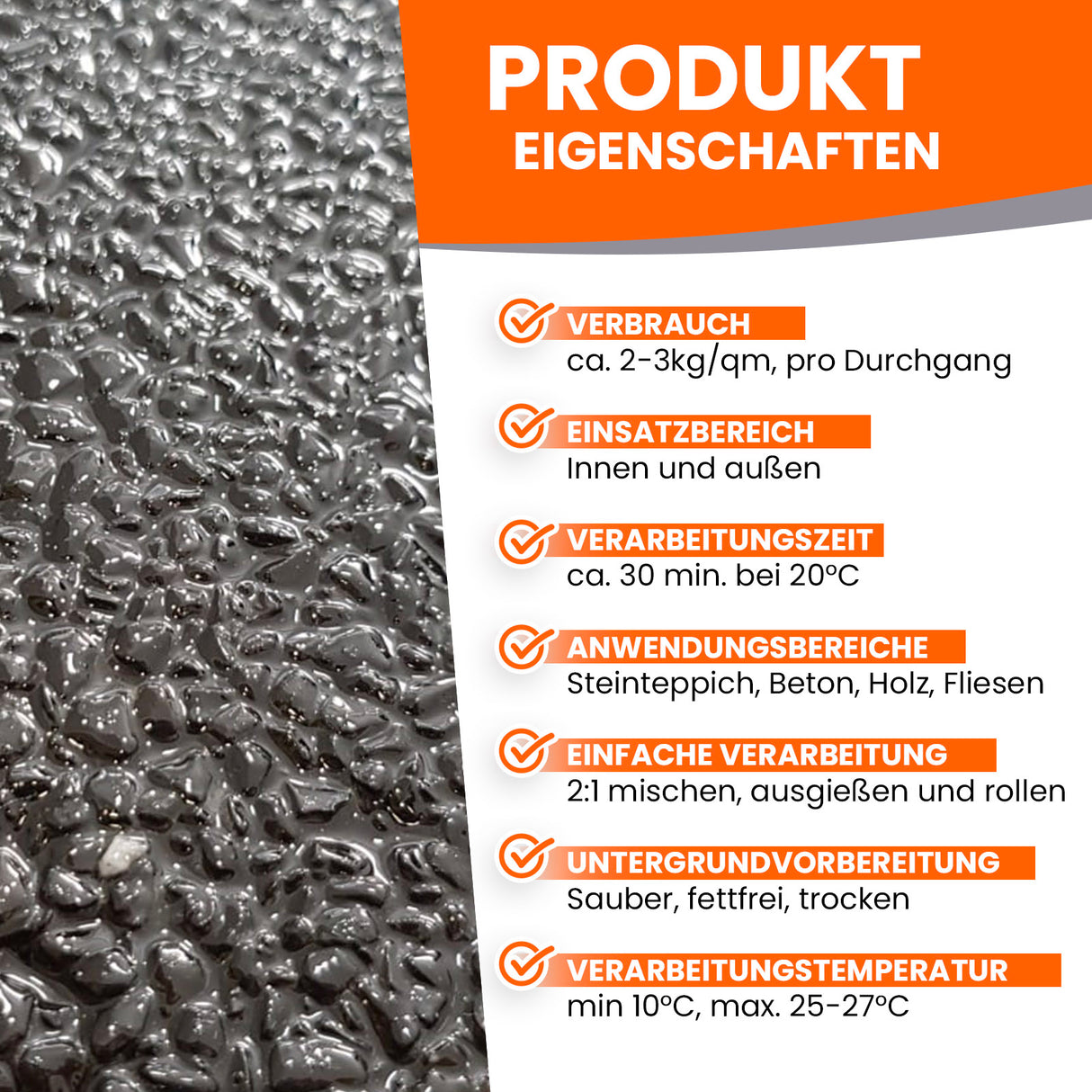 Text über Produkteigenschaften und Steinoberfläche.