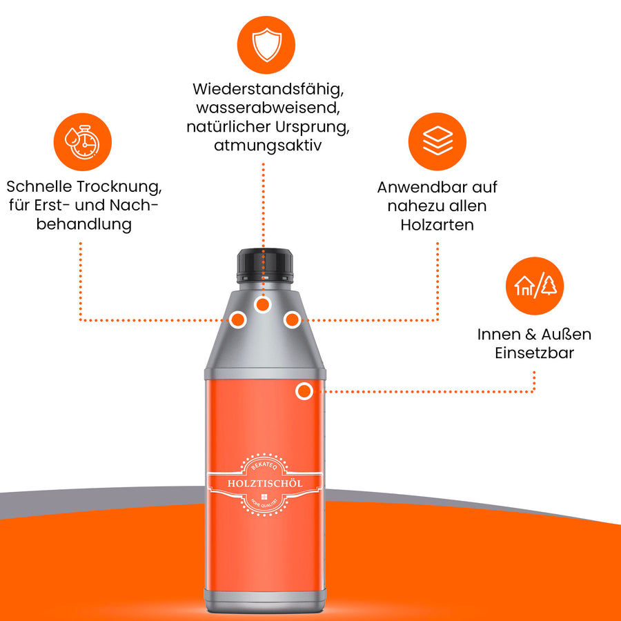 Flasche Holzöl mit Produkteigenschaften.