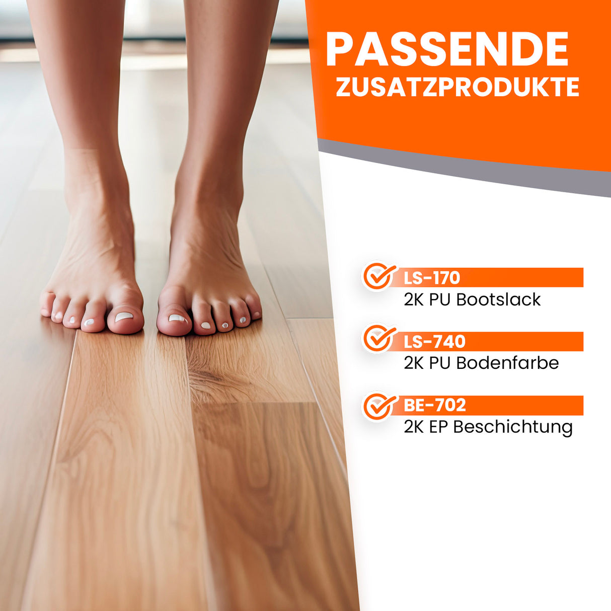 Füße auf Holzfußboden, Produktliste.