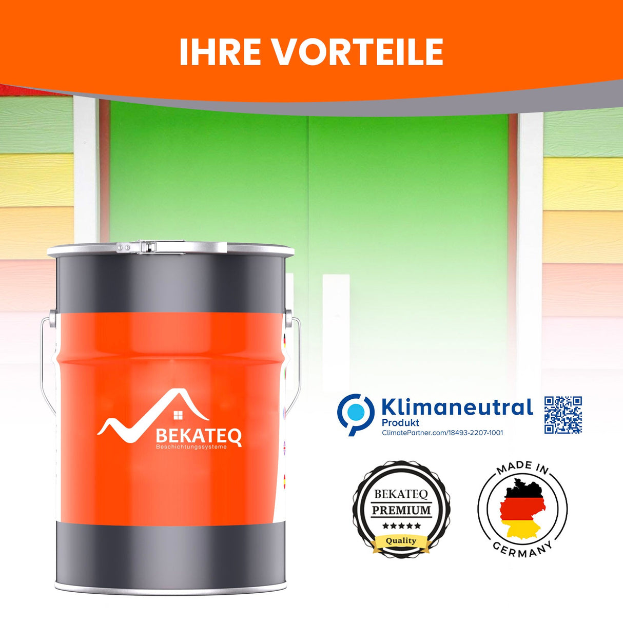 Farbkanister vor bunter Wand.