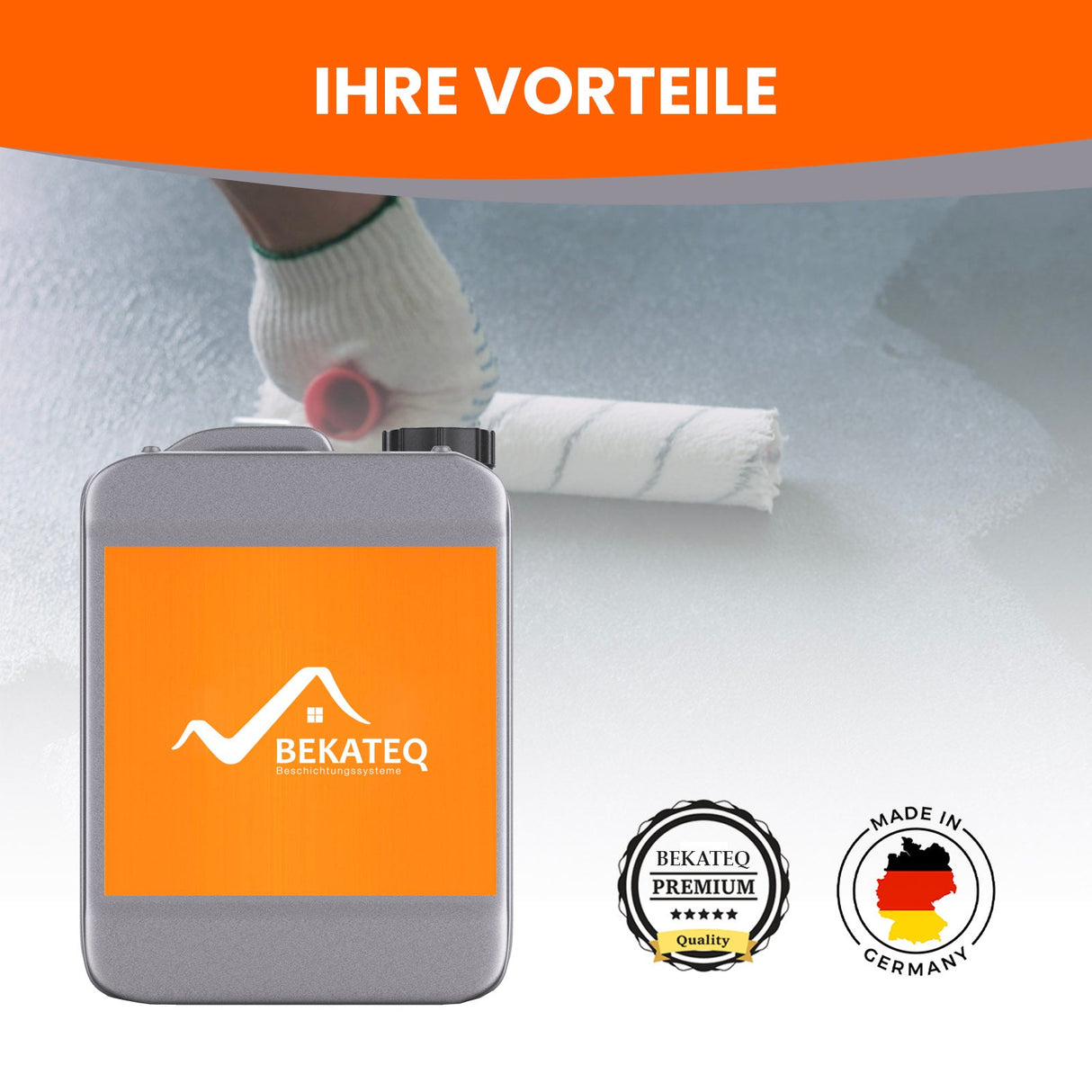 Farbeimer, Farbrolle, Bekateq-Logo, Siegel.