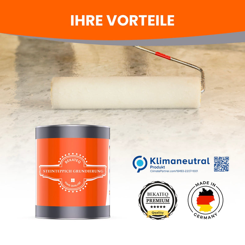 Farbrolle und Grundierungseimer auf Boden.