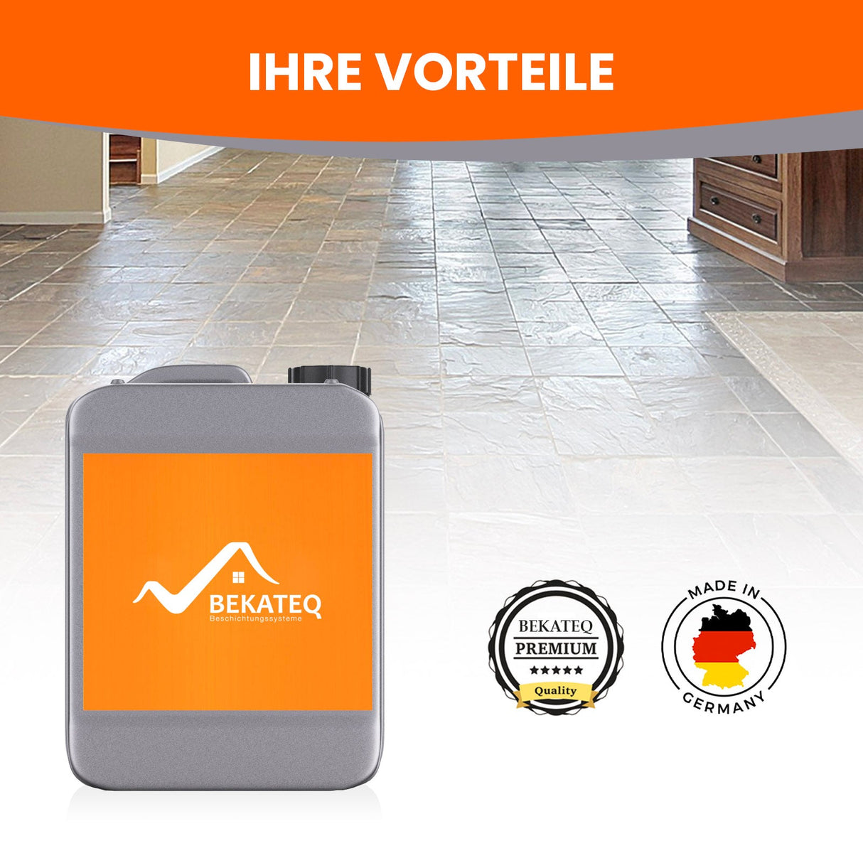 Kanister auf Fliesenboden, BEKATEQ-Logo.