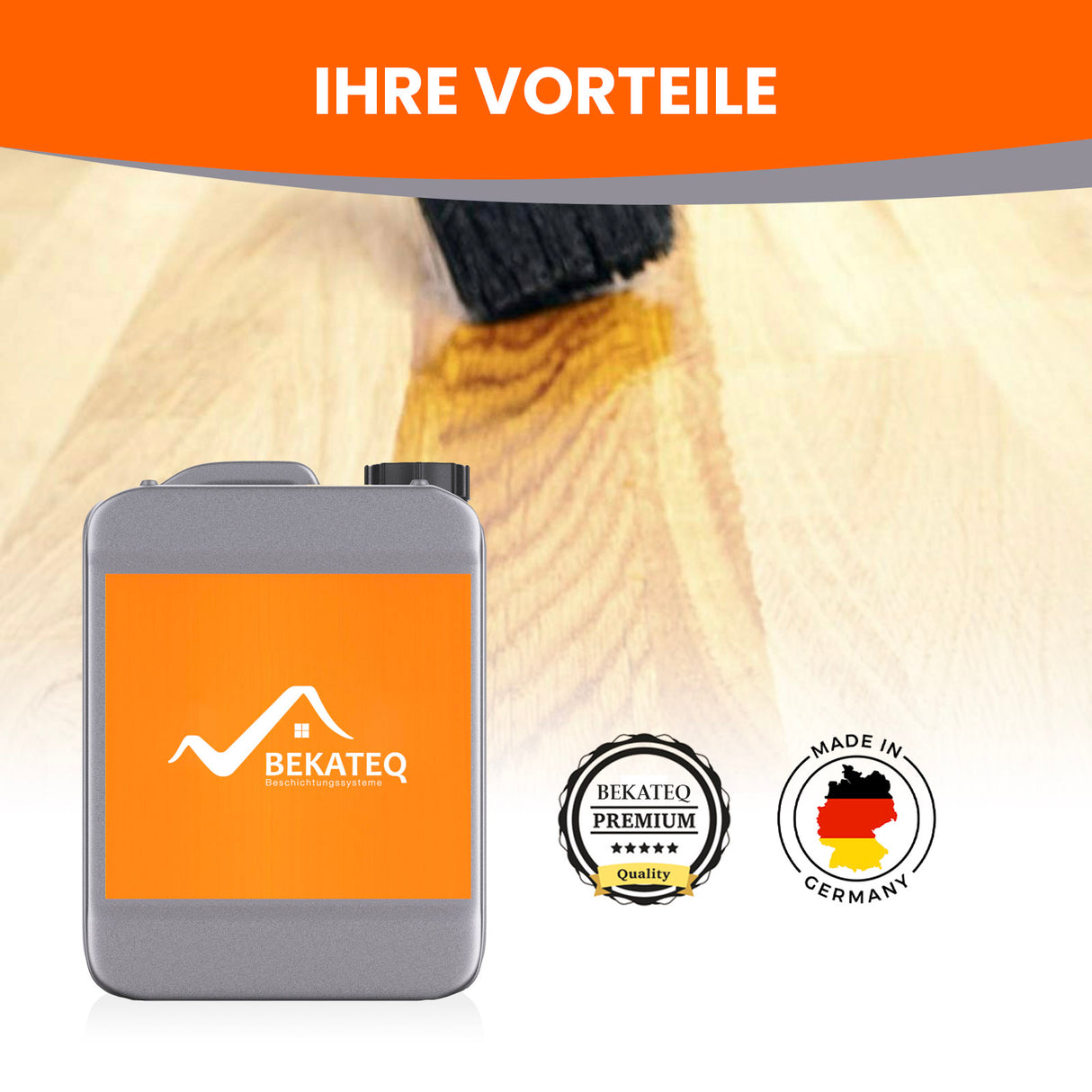 Kanister und Pinsel auf Holzoberfläche, Marke Bekateq sichtbar.