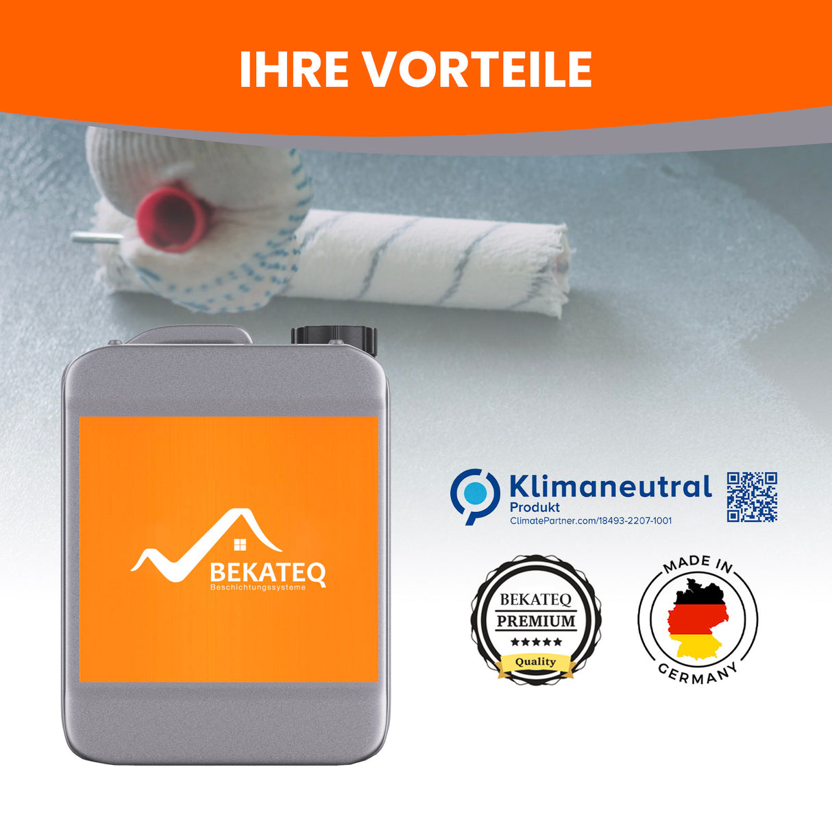 Farbeimer, Farbrolle, Klimaneutral-Logo, Siegel.