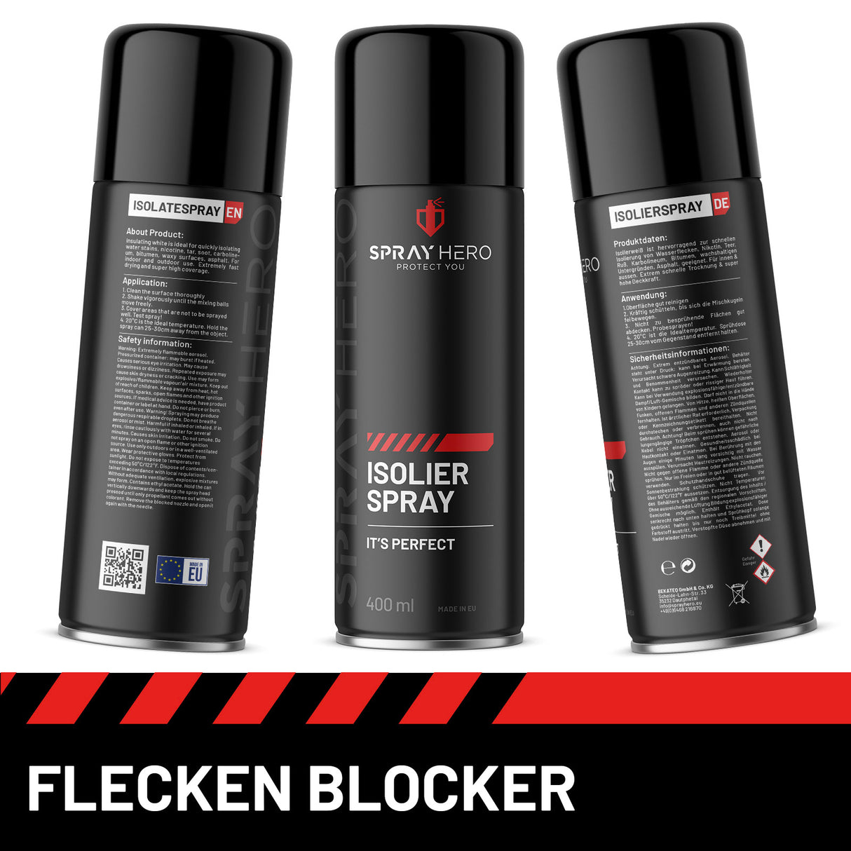 Drei Spraydosen SprayHero Isolierspray mit Produktinformationen.