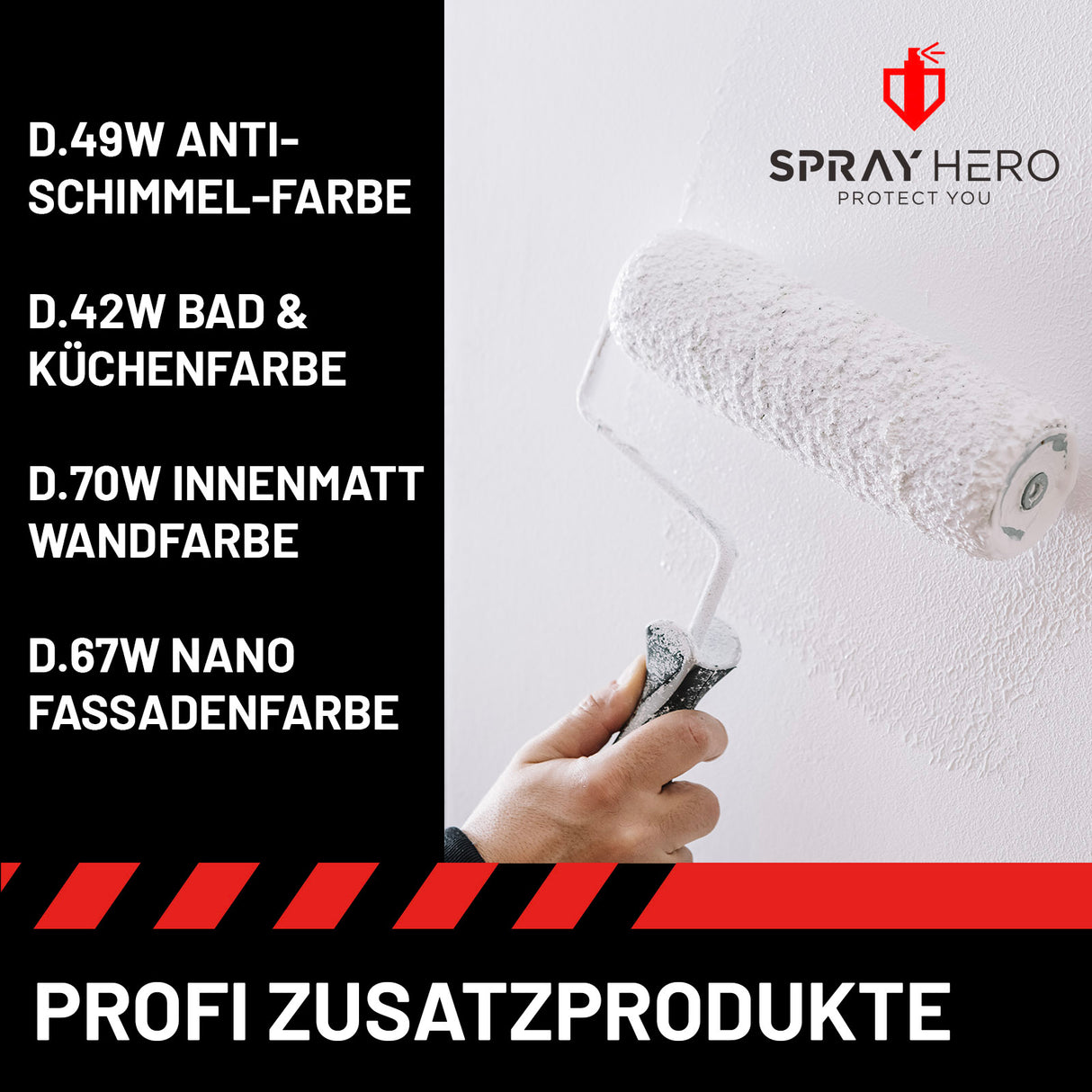 Hand mit Farbroller, Spray Hero Produkte, Wand streichen.