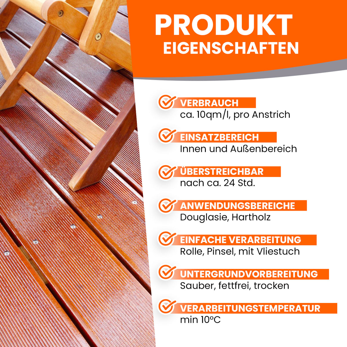 Produktmerkmale für Holzbeschichtung.