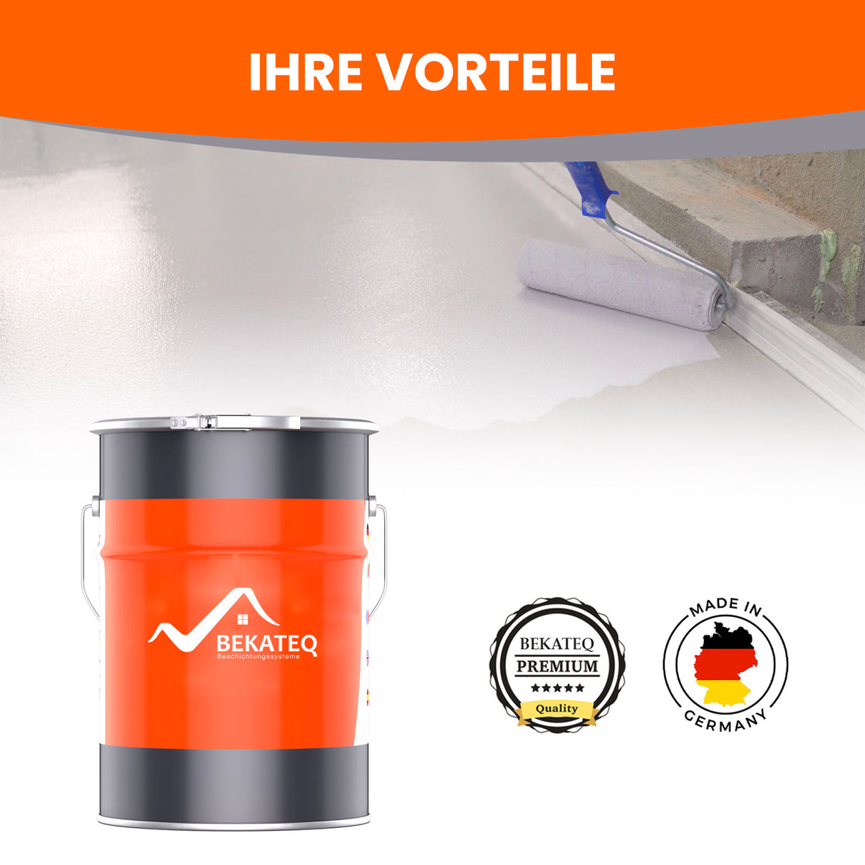 Farbeimer, Farbrolle, Bodenbeschichtung, Logos.