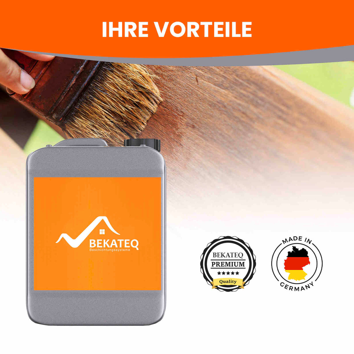 Pinsel, Bekateq-Behälter, Qualitätssiegel, Made in Germany-Logo.