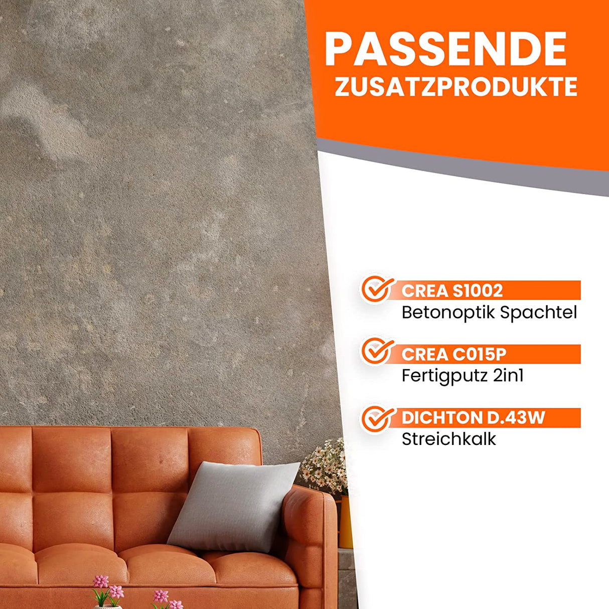 Wohnzimmerwand, Sofa, Text über Produkte.