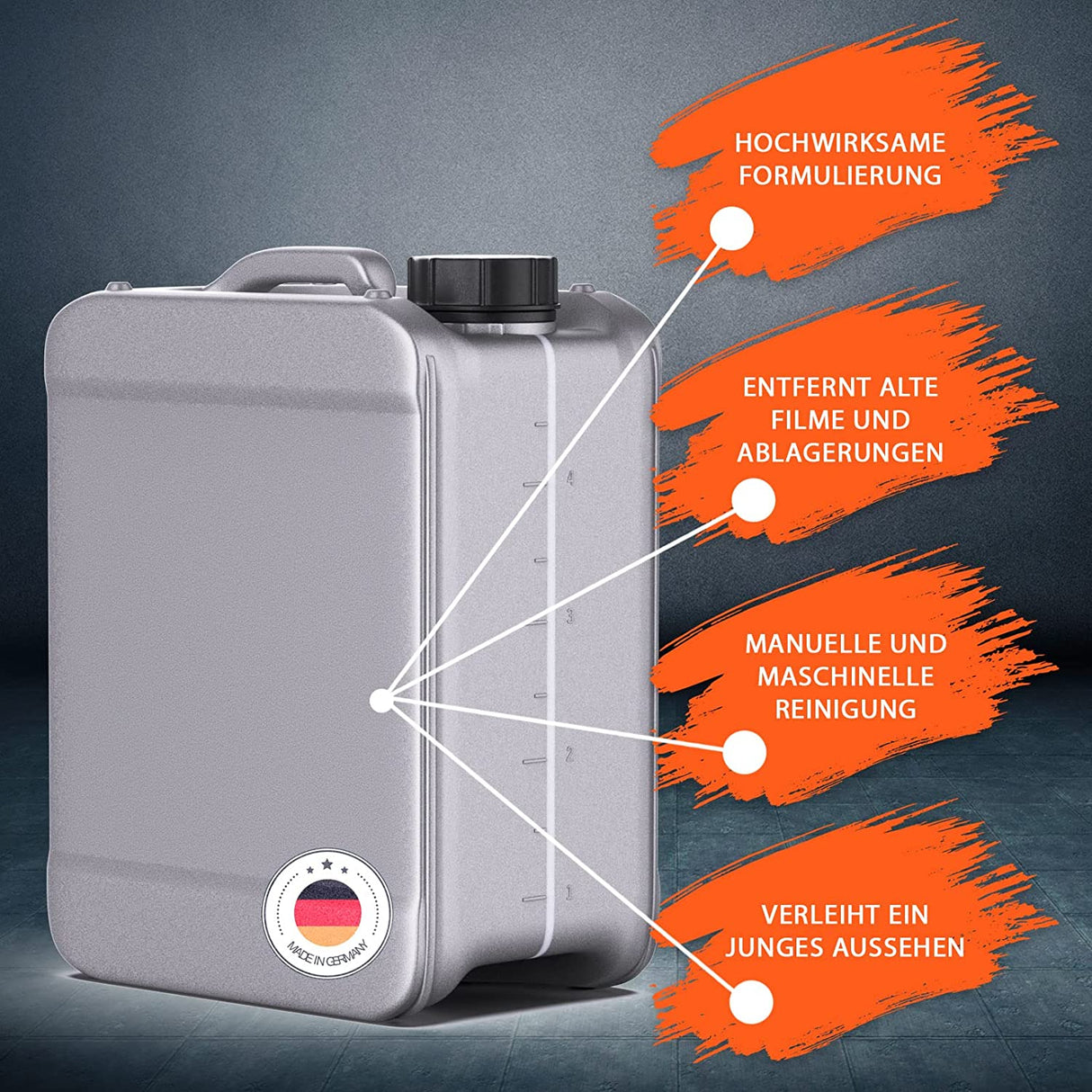 Kanister mit Reinigungsvorteilen, Deutschland-Flagge.