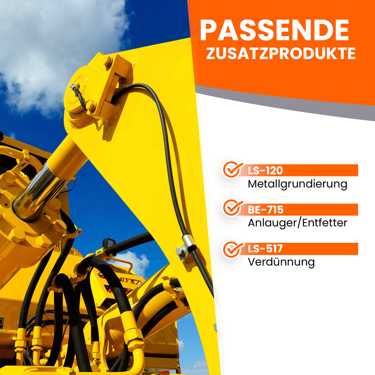 Gelber Baggerarm mit Zusatzprodukte-Text.