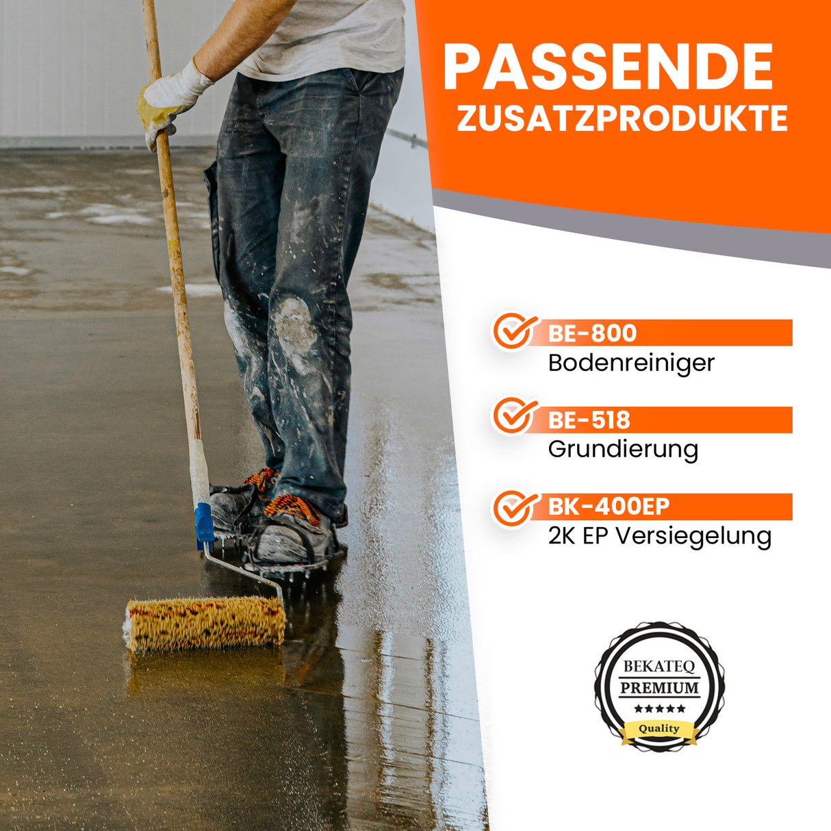 Person streicht Boden mit Rolle.