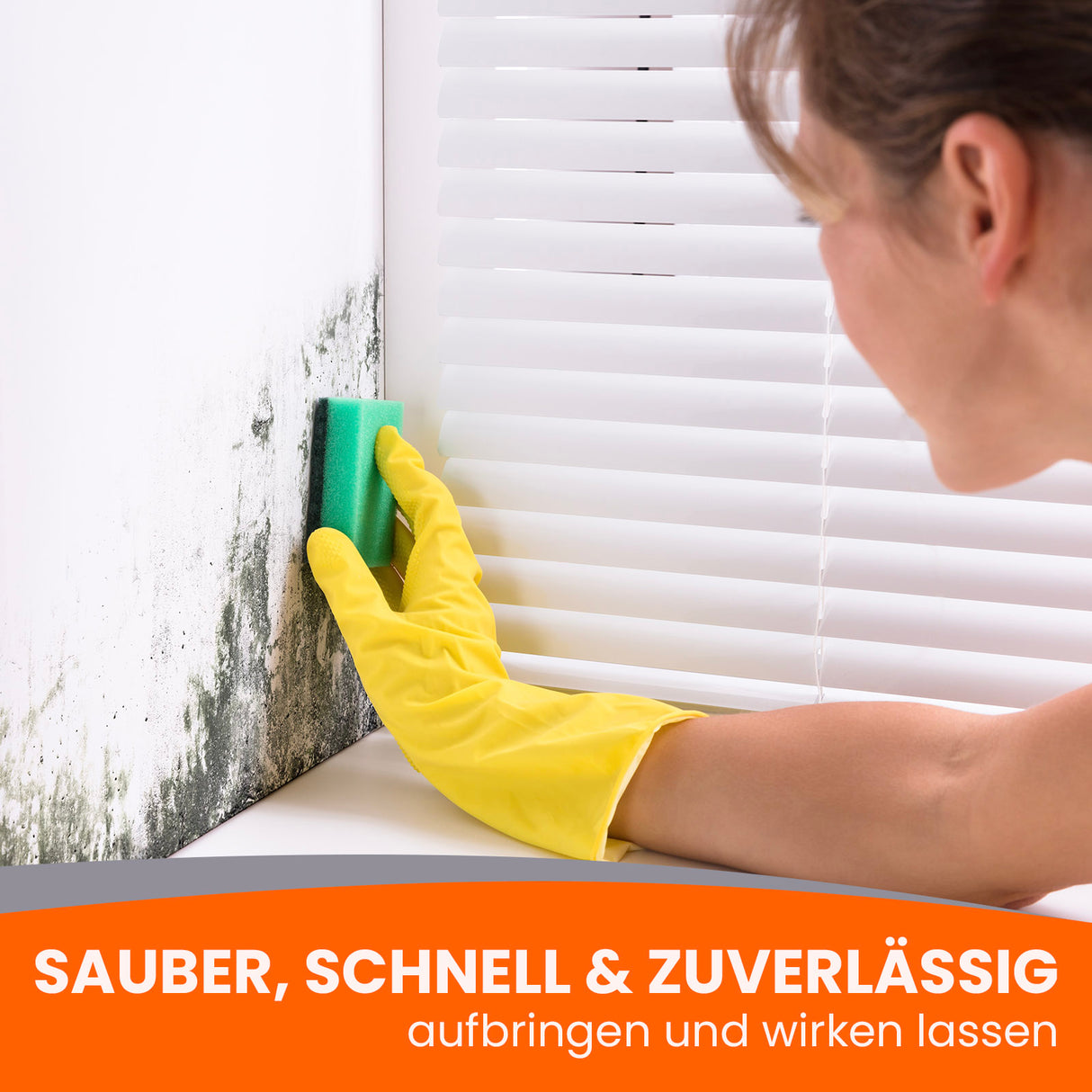 Person reinigt schimmelige Wandfläche.