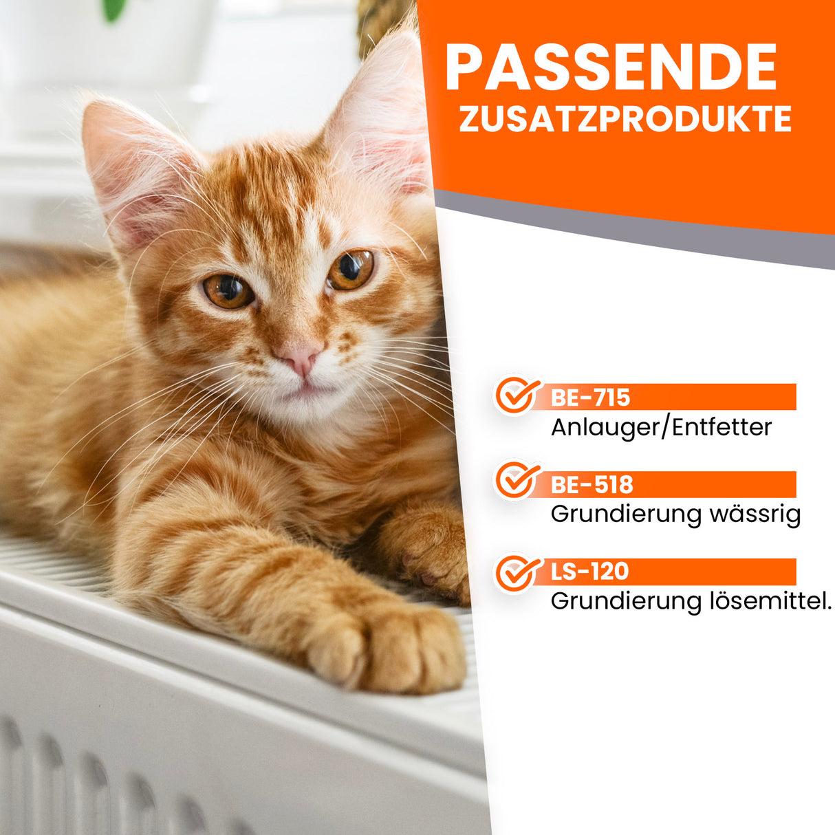 Katze neben Produktinformationen auf Bild.