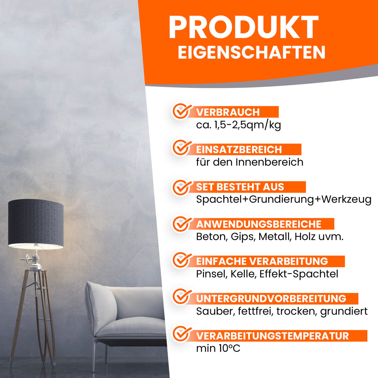 Produktmerkmale von Spachtel und Grundierung.