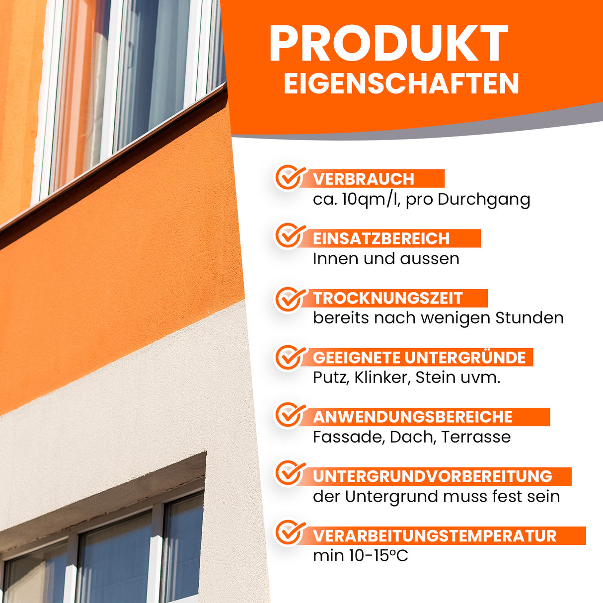 Produktmerkmale für Fassadenfarbe.